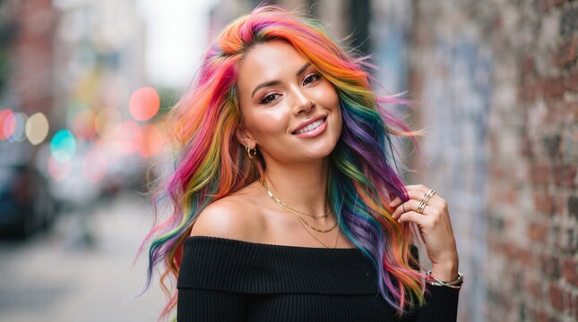 Young woman with multi-colored rainbow hair smiling at the camera colorful hair fashion portrait
