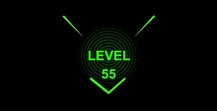 glitch text level 55 animation. text level up with glitch effect on black background.