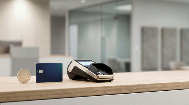 Wireless POS terminal, payment card, and silver coin on wooden countertop in modern bank or office reception. Contactless financial transaction and electronic retail checkout system display