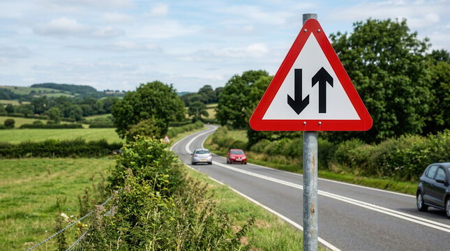 Traffic Sign Indicating Priority Road In Scenic Countryside Landscape