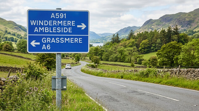 Scenic Route Signpost In The Lake District National Park England