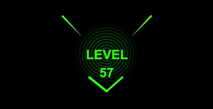 glitch text level 57 animation. text level up with glitch effect on black background.