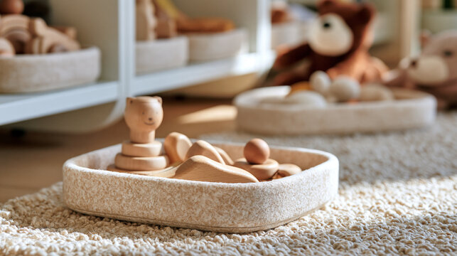 An eye-level architectural wide photograph shows low open storage cubbies within the full depth of a family room storage corner, ready for use. Wooden toys occupy separate shallow