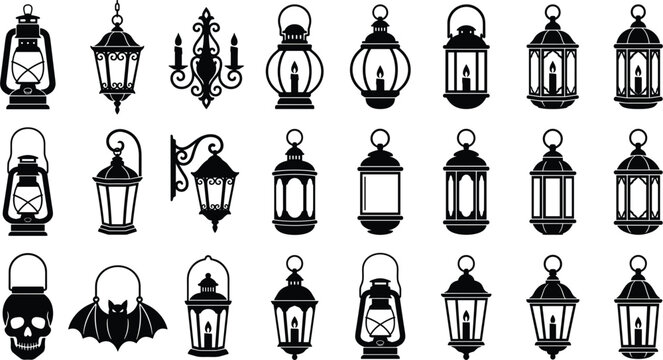 Vintage lantern silhouette icons set featuring classic street lamps oil burner lights halloween skull and bat novelties pack
