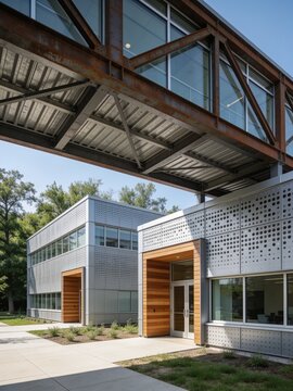 Modern building with perforated metal facade beneath a rusted steel truss walkway bridge