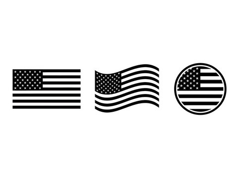 Set of three american flag icons in black and white style isolated on transparent background