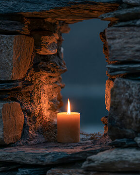Candle burning in a gap in a dry stone wall at dusk