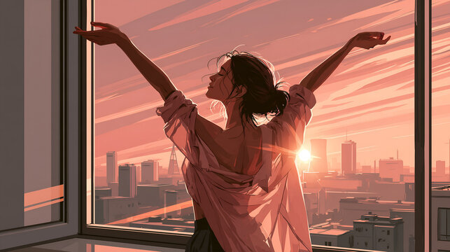 Woman stretching her arms up at a wide city window