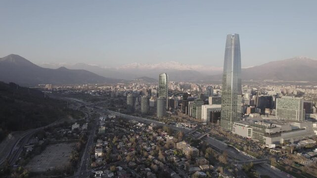 Drone Rising Aerial Shot Over Santiago Cityscape Andes And River 