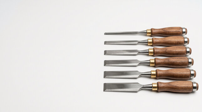 Set of woodworking chisels with wooden handles arranged neatly on a white background