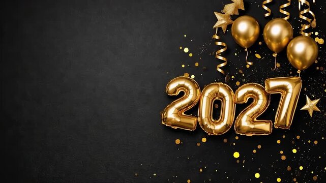 Gold 2021 foil balloons with confetti and streamers against a dark textured background, festive new year celebration scene.