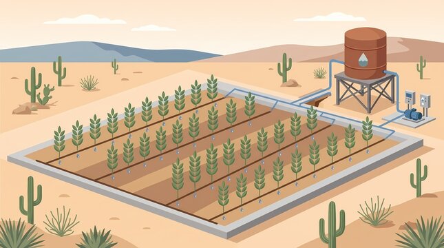 drought-resilient agriculture and drip irrigation system in desert flat illustration - ai generated
