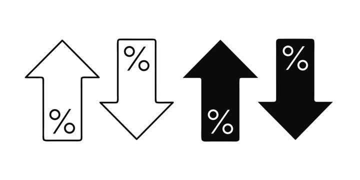 Set of finance percentage arrows showing financial growth decline increase decrease in black and white outline styles with increase icon finance symbols percentage sign arrow up arrow down