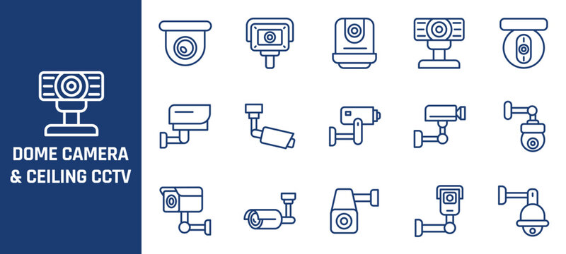 Digital vector icon set featuring various modern cctv security dome cameras for professional surveillance system designs
