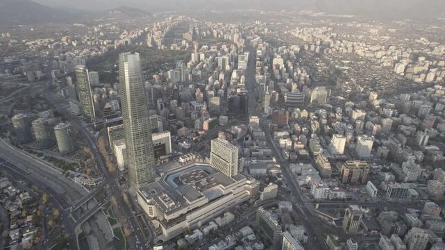 Wide Drone Shot Of Modern Skyscrapers And Urban Sprawl In Santiago