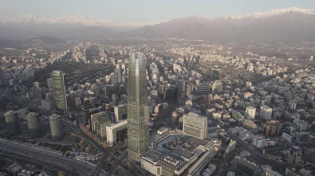 Drone Pan And Tracking Shot Over Santiago Cityscape And Skyscraper In Santiago, Chile