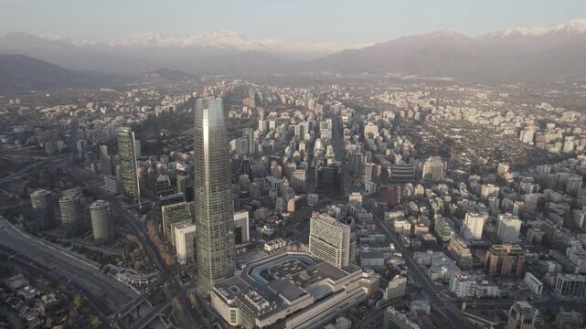 Drone Shot Of Financial District And Mountain Range Background in Santiago de Chile