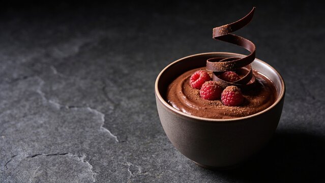 Gourmet dark chocolate mousse bowl topped with fresh raspberries and spiral curl