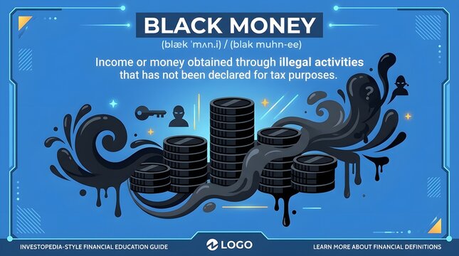 Financial concept graphic showing black money tax evasion with stacked coins