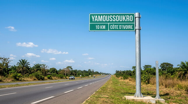 Street Sign To Yamoussoukro In Cote D'Ivoire On A Sunny Day
