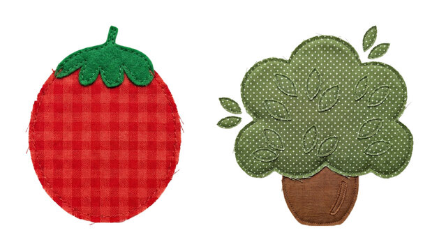 Isolated embroidery patch strawberry and broccoli plant cutouts on transparent background