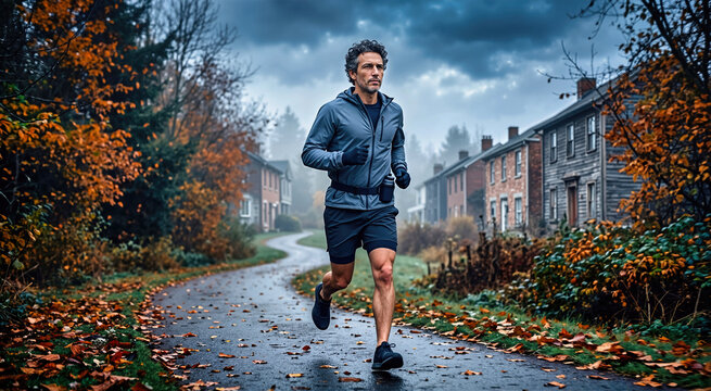 Athletic male runner jogging on wet asphalt path lined with autumn foliage. Focused middle aged athlete exercising outdoors in cold weather passing suburban houses and fallen leaves on overcast day