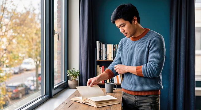 Asian man standing at wooden table turning page of open book near window. Male reader studying in home library next to bookshelf and potted plant on windowsill during autumn day with fall foliage