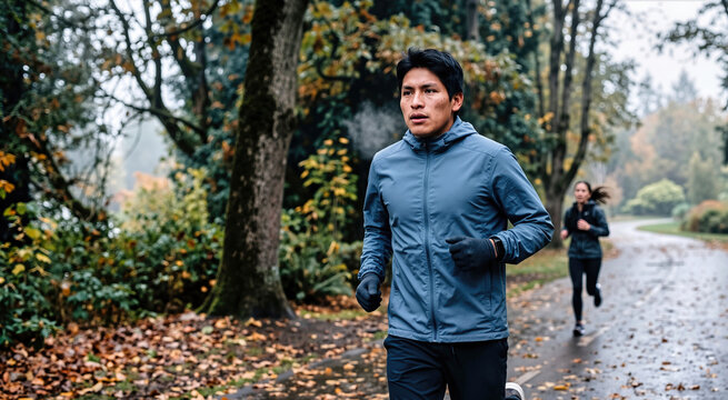 Focused male runner jogging on wet park path in autumn with visible breath in cold air. Athletic man wearing blue jacket exercising outdoors on rainy fall morning with foliage trees in background