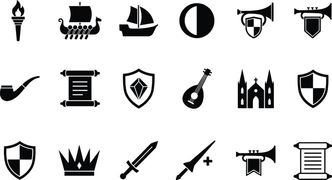 Medieval fantasy adventure video game icon set with knight shield sword crown ship scroll and fortress symbols vector