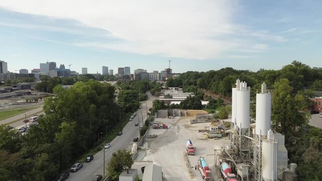 Aerial view of a concrete plant with cement trucks waiting to be filled in Raleigh, North Carolina