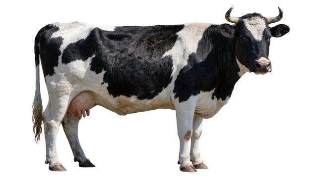 Black and white Holstein cow with horns, isolated on transparent background