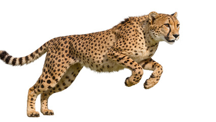 Spotted cheetah mid-leap showcasing its speed and agility, isolated on transparent background © Nicolae