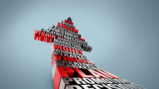 Rising arrow consisting of words. Business and success concept. 3D illustration