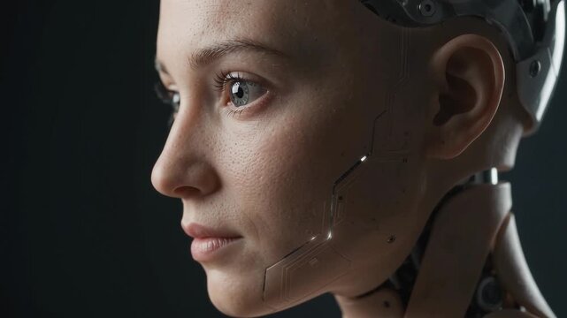 Hyper-realistic humanoid robot face, futuristic female android with synthetic skin, artificial intelligence profile on dark background
