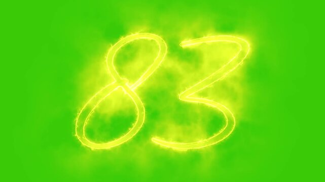 Glowing yellow gold number 83 Animation | Neon Alphabet Typography Motion Graphic. 83 number mathematics text on green background. Bright glowing number 83 countdown icon.