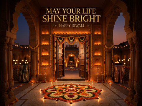 Happy Diwali Greeting Card with Rangoli Design and Oil Lamps in Luxury Indian Palace Temple Entrance Gold Text Banner for Festive Social Media Post.