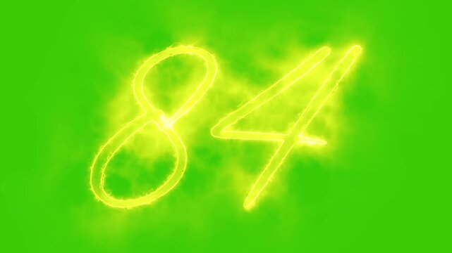 Glowing yellow gold number 84 Animation | Neon Alphabet Typography Motion Graphic. 84 number mathematics text on green background. Bright glowing number 84 countdown icon.