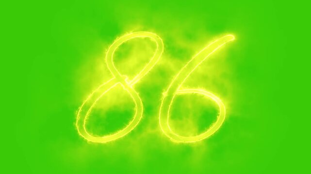 Glowing yellow gold number 86 Animation | Neon Alphabet Typography Motion Graphic. 86 number mathematics text on green background. Bright glowing number 86 countdown icon.