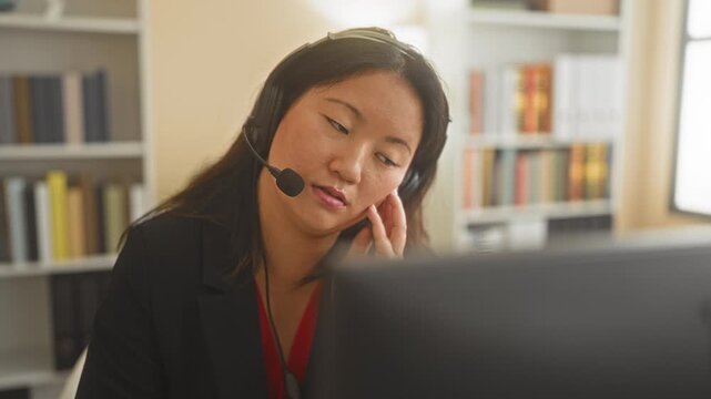 Woman call center agent with headset touching cheek and adjusting microphone at computer desk in office building; fatigue.