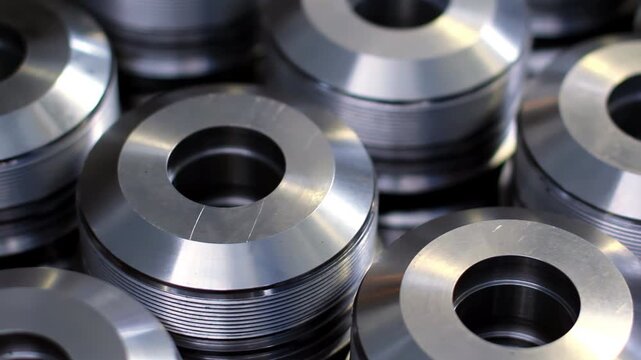 Polished steel rings stacked rows. Close up shiny machined metal parts factory