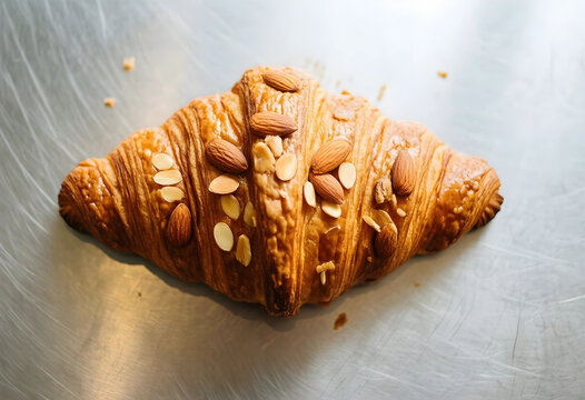 Bakery and breakfast food, fresh almond croissant on a metallic surface for culinary marketing and cafe menu design with golden flaky pastry texture