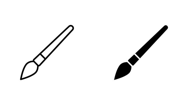 Paint brush icons in black outline and solid style for art and design projects.