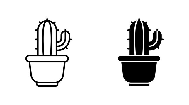 Cactus plant growing in ceramic flower pot icon black line and silhouette style.