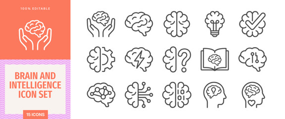 Fototapeta premium Brain and intelligence icon set, thin line style, vector illustration of human brain symbols for mental health, education, innovation, and artificial intelligence