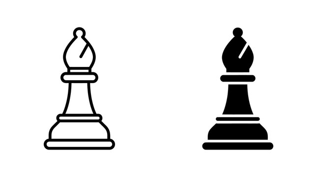 Chess bishop piece silhouette flat vector icons in black outline and solid styles for strategy game interface design.