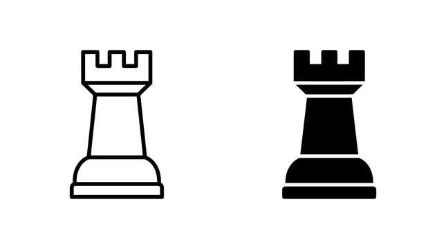 Rook chess piece black and white line art vector icons for strategy games.