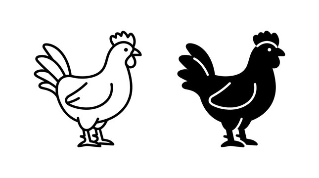 Rooster farm animal icons with outline and solid black silhouettes for agricultural branding and poultry farming projects.