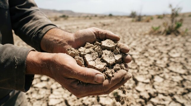 Closeup of a farmers hands holding dry, cracked earth in a droughtstricken field, symbolizing climate change, environmental crisis, and the struggle of agriculture