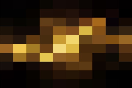 Abstract pixel background, featuring a central, horizontal band of, bright yellow and, gold squares fading, into dark brown, and black edges