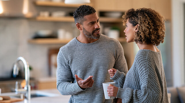 Defocused married couple having an intense conversation in a modern kitchen, disagreement, frustration, communication challenges, relationship crisis, realistic lifestyle